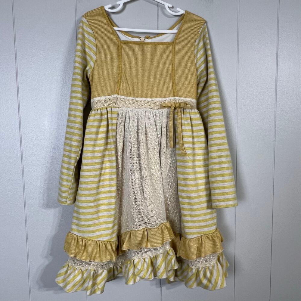 Isobella & Chloe Girls Dress Size 7 Mustard Yellow Stripe Knit Ruffle Boutique